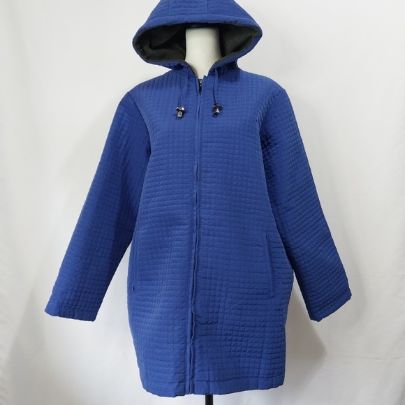 Woman Within Blue Dark Hooded Zip Up Drawstring Checkered 3/4 Sleeve Jacket M - Picture 2 of 12